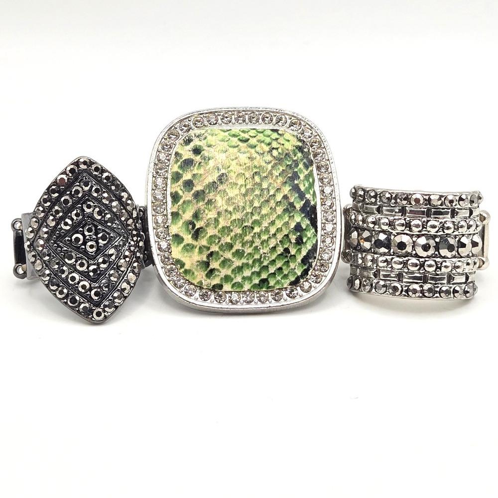 Paparazzi‎ Stretch Rings Set 3 Silver Gunmetal Green Snakeskin Rhinestone
